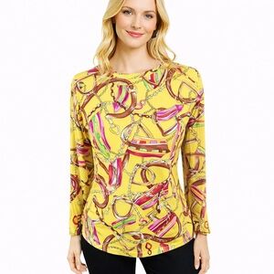 Icikuls Long Sleeve Top Yellow Horse Bit Equestrian Print Mesh Underarms Size S